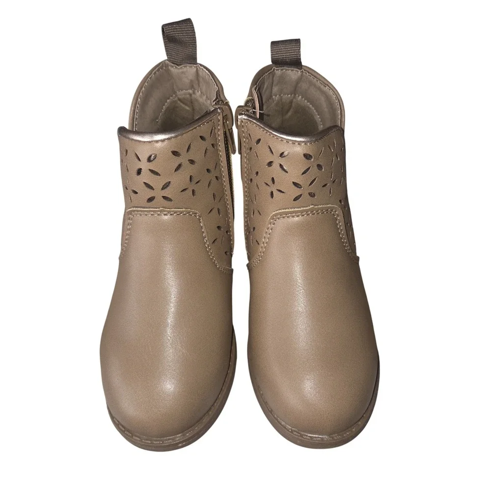 Lucky Brand Tan Floral Laser Cut Ankle Boots Tan Gold Trim Zipper Bootie Size 13